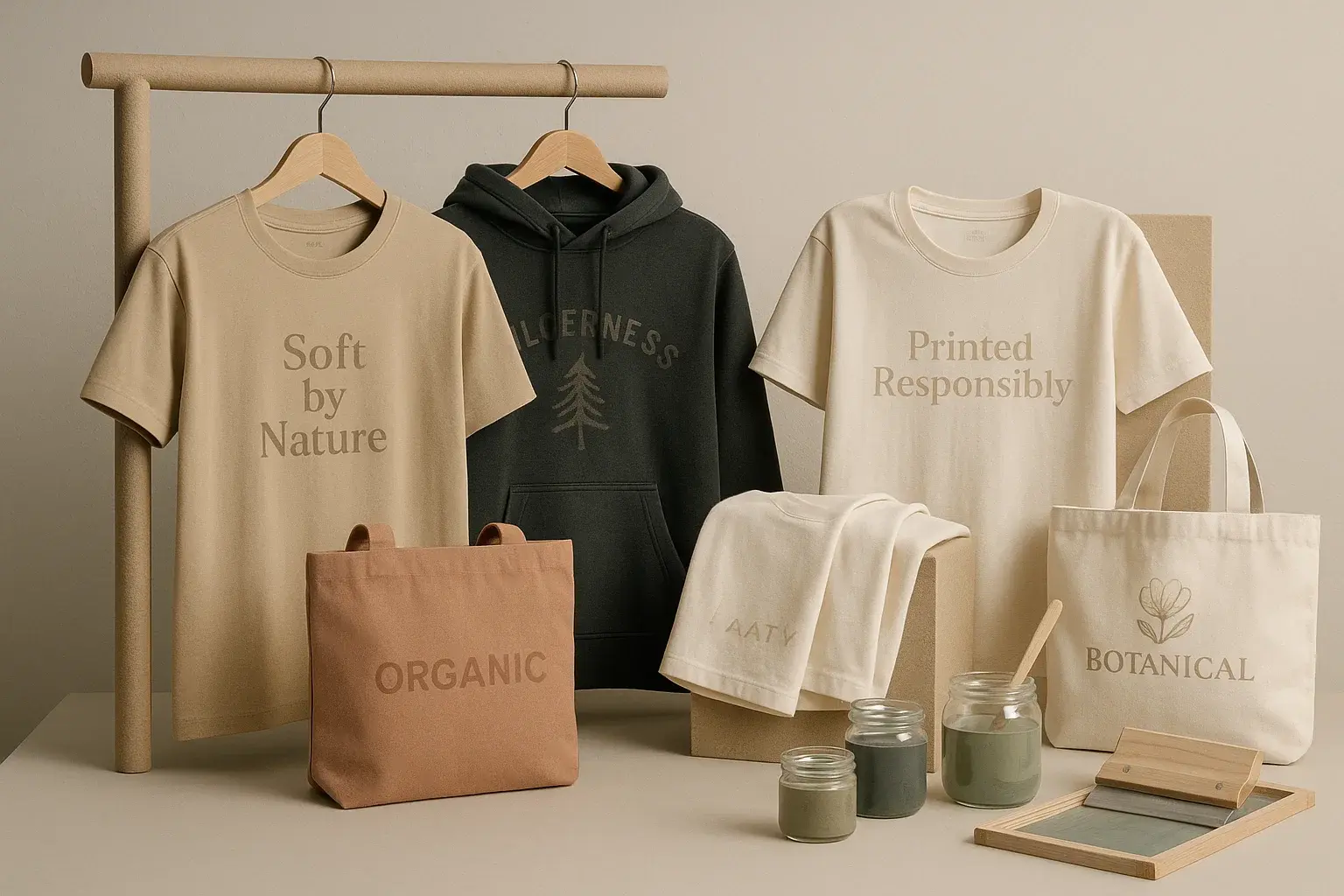 A clean, minimalist flat-lay studio setup showcasing an aesthetically arranged selection of open containers of water-based screen printing inks. The inks are displayed in small glass or aluminum pots, revealing rich, matte colours like earthy green, muted terracotta, soft charcoal, clay beige, and pastel blue. Each ink has a smooth, creamy texture with subtle brush strokes or screen mesh tools nearby.  Some jars have wooden or metal stir sticks resting inside or alongside them, while others are slightly smudged at the rim to suggest recent use. Swatches of ink are dabbed onto textured, natural fabric samples (like organic cotton or hemp) placed beside each pot to show how the inks absorb into the material with a soft, seamless finish.  The background is neutral — soft white, stone grey, or a light wooden tabletop — creating a calm, artisanal, and eco-conscious atmosphere. Lighting is soft and natural, casting gentle shadows that bring out the depth and tones of each ink colour. The overall mood is clean, curated, and professional — showcasing water-based inks as modern, eco-friendly, and design-forward tools for sustainable screen printing.